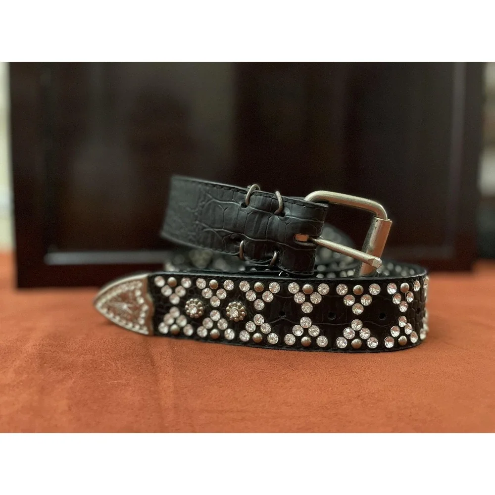 Studded Leather Belt Mens XL Black Rhinestone Western Buckle Croc Embossed